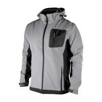 Куртка SOFTSHELL світло сіро-чорна, з капюшоном, тришарова, тканина - стрейч 300 GSM 100D, з водо- і вітрозахистом, розмір XL INTERTOOL SP-3124