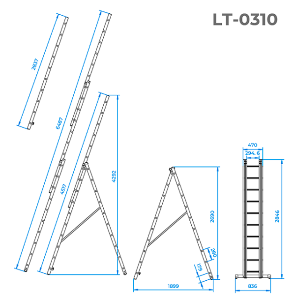 Драбина з алюмінію, 3-х секційна універсальна розкладна, 3x10 сход., 6,48м INTERTOOL LT-0310