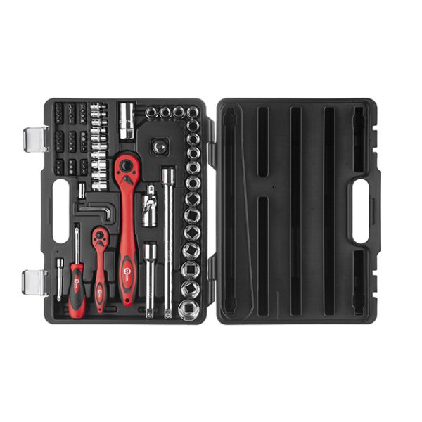 Набір інструментів, проф., 1/2" + 1/4", Cr-V, 72 од., головки: 4-27 мм, біти 33 од., кейс INTERTOOL ET-6072