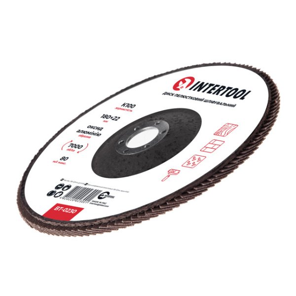 Диск шліфувальний пелюстковий, 180×22 мм, зерно K100, 7000 об/хв INTERTOOL BT-0230