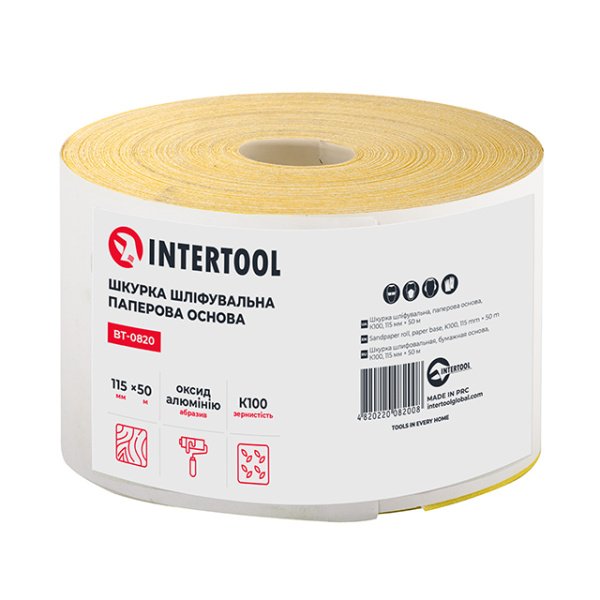 Шкурка шліфувальна, паперова основа, К100, 115 мм × 50 м INTERTOOL BT-0820