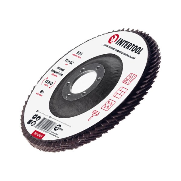 Диск шліфувальний пелюстковий, 115×22 мм, зерно K36, 13300 об/хв INTERTOOL BT-0103