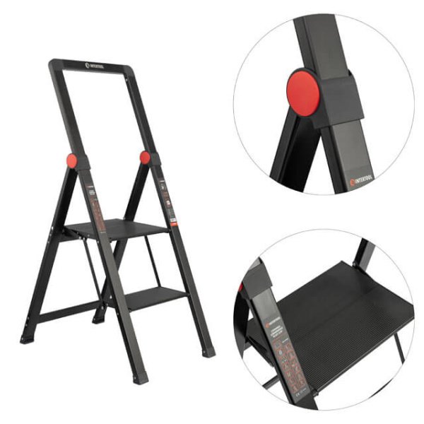 Драбина алюмінієва "Black Slim", 2 сходинки, висота верхньої сходинки 456 мм, 150 кг STORM INTERTOOL LT-5002