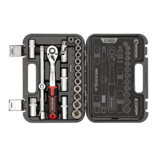 Набір інструментів STORM, 1/2", Cr-V, 20 од., головки: 10-24 мм, подовж. головки: 17-19 мм, кейс INTERTOOL ET-8020