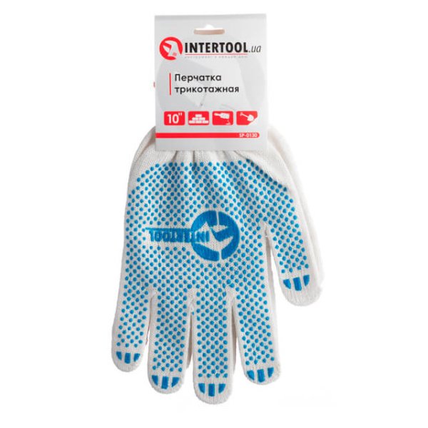 Рукавичка трикотажна, сині ПВХ крапки, 70% бавовна / 30% поліестер, 10", клас в’язки 10, біла, 52 г INTERTOOL SP-0130