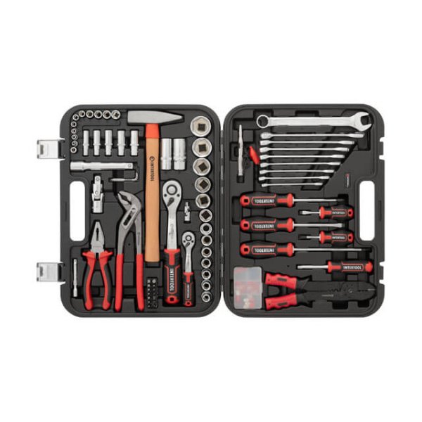 Набір інструментів STORM, 1/2" + 1/4", Cr-V, 100 од., головки: 4-32 мм, біти 13 од., подовж. головки: 9-13 мм, ключі: 8-22 мм, кейс INTERTOOL ET-8100