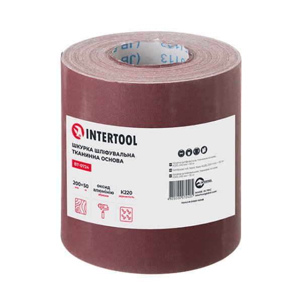 Шкурка шліфувальна, тканинна основа, К220, 200 мм × 50 м INTERTOOL BT-0724