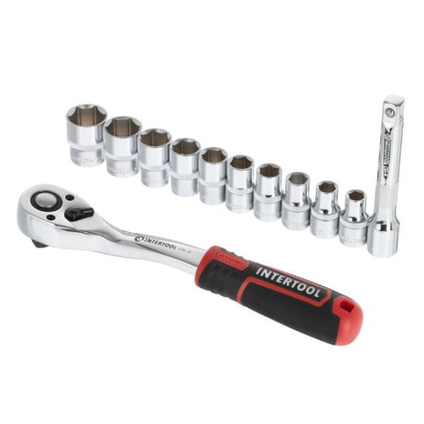 Набір головок STORM, 1/2", Cr-V, 12 од., головки: 10-24 мм, тріскачка 72 зуби, подовжувач 125 мм INTERTOOL ET-8014