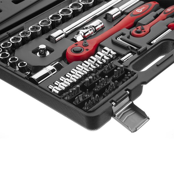 Набір інструментів, проф., 1/2" + 1/4", Cr-V, 72 од., головки: 4-27 мм, біти 33 од., кейс INTERTOOL ET-6072