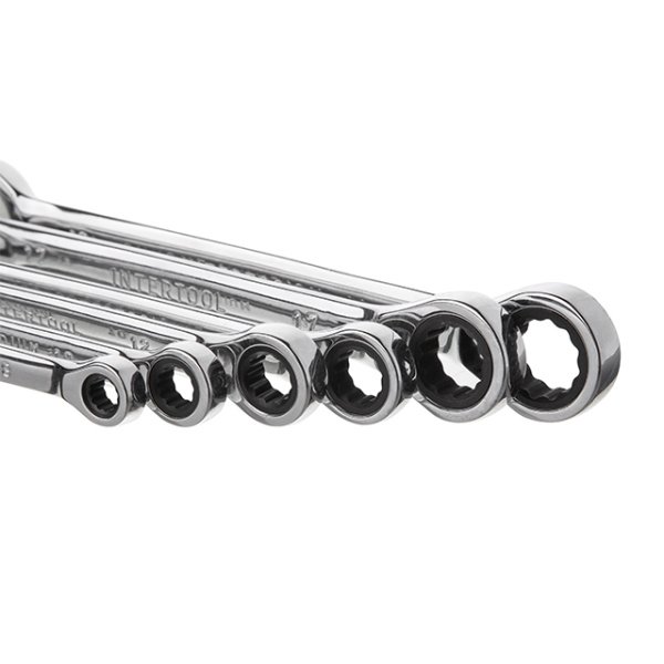 Набір ключів комбінованих, з тріскачкою, 6 шт., 8-19 мм, Cr-V, професійний, DIN3113 INTERTOOL XT-1302