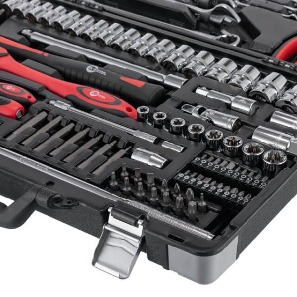 Набір інструментів, проф., 1/2" + 1/4", Cr-V, 119 од., головки: 4-32 мм, E4-E22, біти 43 од., ключі: 6-27 мм, кейс INTERTOOL ET-7119