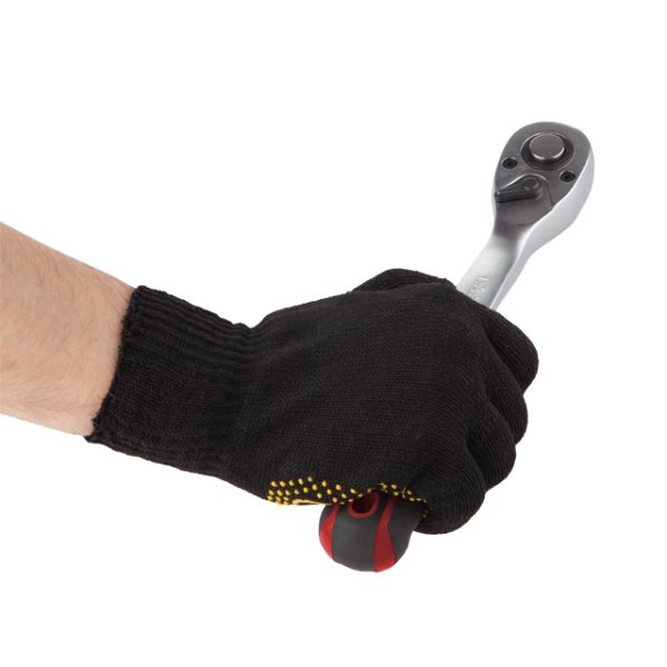 Рукавичка трикотажна, жовті ПВХ крапки, 60% бавовна / 40% поліестер, 10", клас в’язки 7, чорна, 38 г INTERTOOL SP-0138