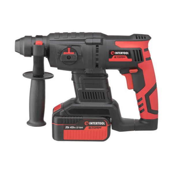 Перфоратор акумуляторний з безщітковим двигуном 20 В, 2 Дж, 0-1250 об/хв, 0-4800 уд/хв, SDS plus, Li-ion, 4.0 Аг, ЗУ 4 А, кейс INTERTOOL WT-0370