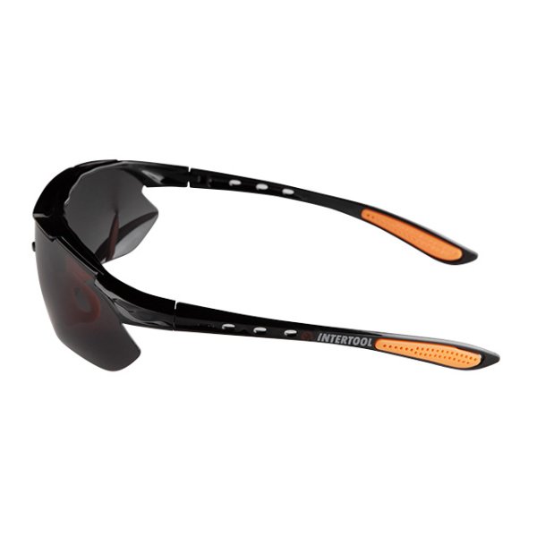 Окуляри захисні, затемнені, лінзи полікарбонат, заушники чорні нейлонові, гумова накладка на ніс, захист від удару INTERTOOL SP-0094
