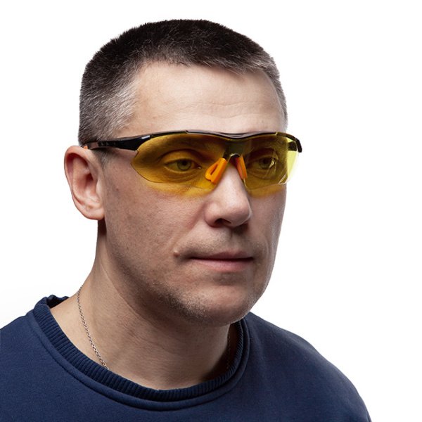 Окуляри захисні, жовті, лінзи полікарбонат, заушники чорні нейлонові, гумова накладка на ніс, захист від удару INTERTOOL SP-0093