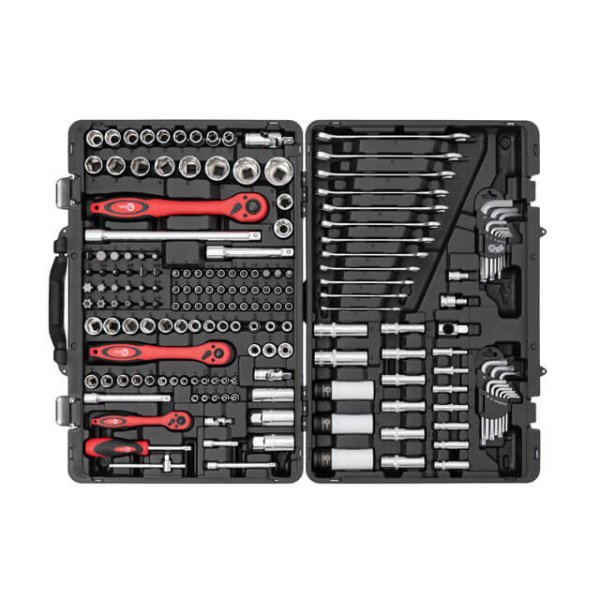 Набір інструментів, проф., 1/2" + 3/8" + 1/4", Cr-V, 176 од., головки: 4-32 мм, E4-E24, біти 57 од., подовж. головки: 4-18 мм, ключі: 8-19 мм, кейс INTERTOOL ET-7176