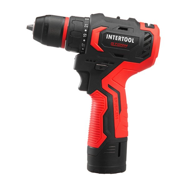 Дриль-шурупокрут акумуляторний, безщітковий двигун, 12 В, 50 Nm, 0-500/0-1900 об/хв, патрон 0,8-10 мм, 2x2,0 Аг INTERTOOL WT-0322