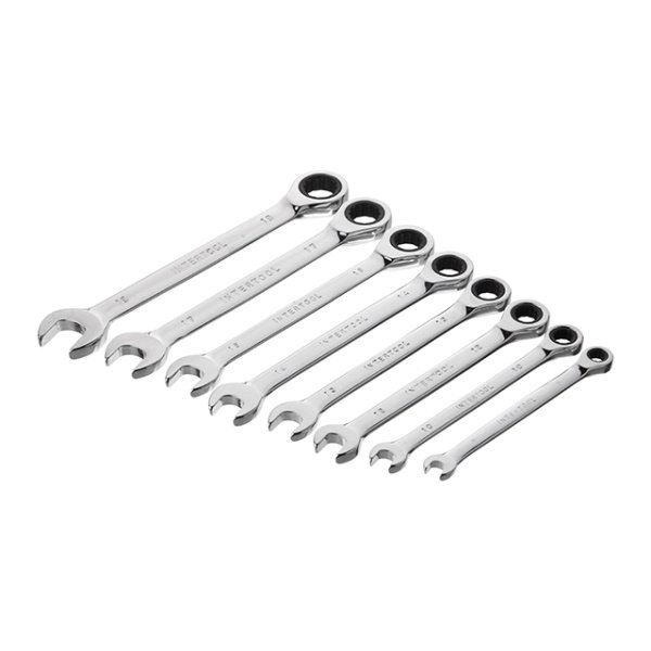 Набір ключів комбінованих, з тріскачкою, 8 шт., 8-19 мм, Cr-V, професійний, DIN3113 INTERTOOL XT-1303