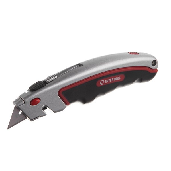 Ніж трапецієподібний, 60×19 мм, з висувним лезом, металевий корпус, прогумована рукоятка INTERTOOL HT-0516