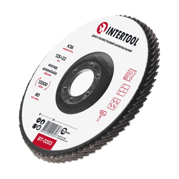 Диск шліфувальний пелюстковий, 125×22 мм, зерно K36, 13300 об/хв INTERTOOL BT-0203