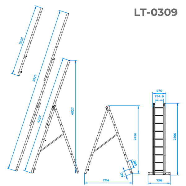 Драбина з алюмінію, 3-х секційна універсальна розкладна, 3x9 сход., 5,93м INTERTOOL LT-0309