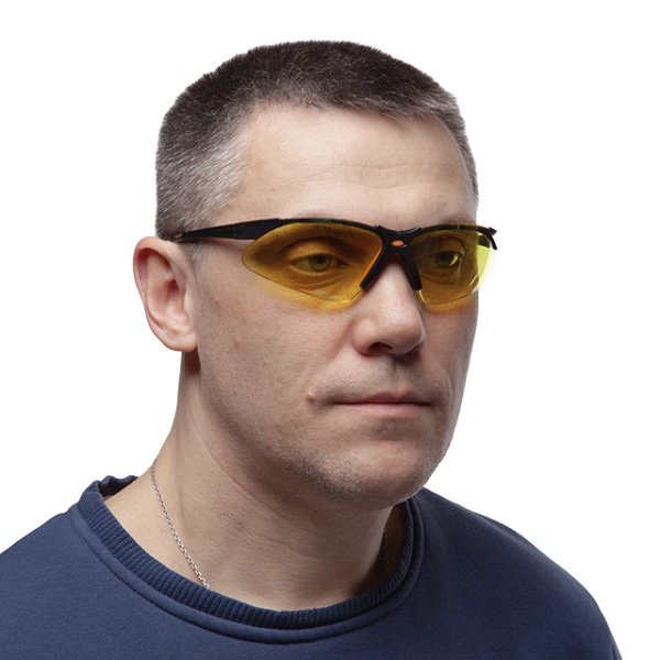 Окуляри захисні, жовті, лінзи полікарбонат, заушники чорні нейлонові, гумова накладка на ніс, захист від удару INTERTOOL SP-0096