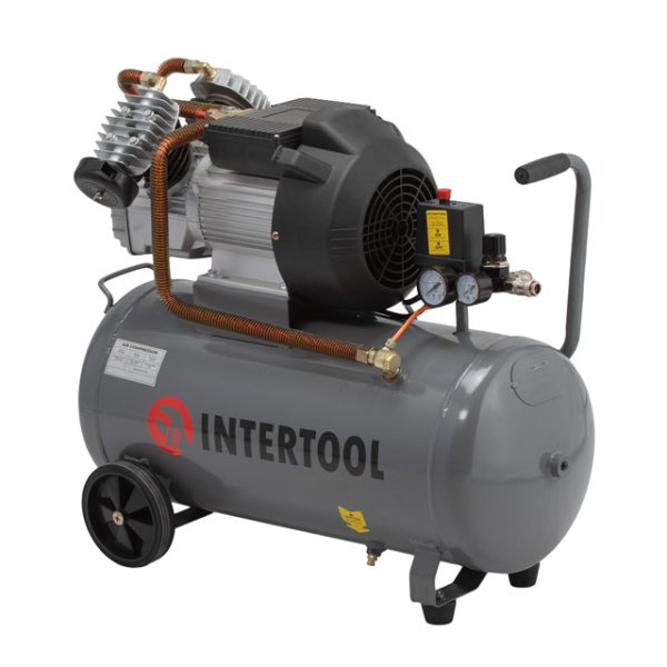 Компресор 50 л, 4 HP, 3 кВт, 220 В, 10 aтм, 420 л/хв, 2 циліндри. INTERTOOL PT-0007