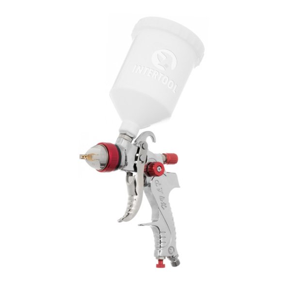 Краскопульт пневматичний HVLP, з набором форсунок: 1,3 мм, 1,4 мм, 1,7 мм, верхній пластиковий бачок: 600 мл, 3 бар INTERTOOL PT-0153
