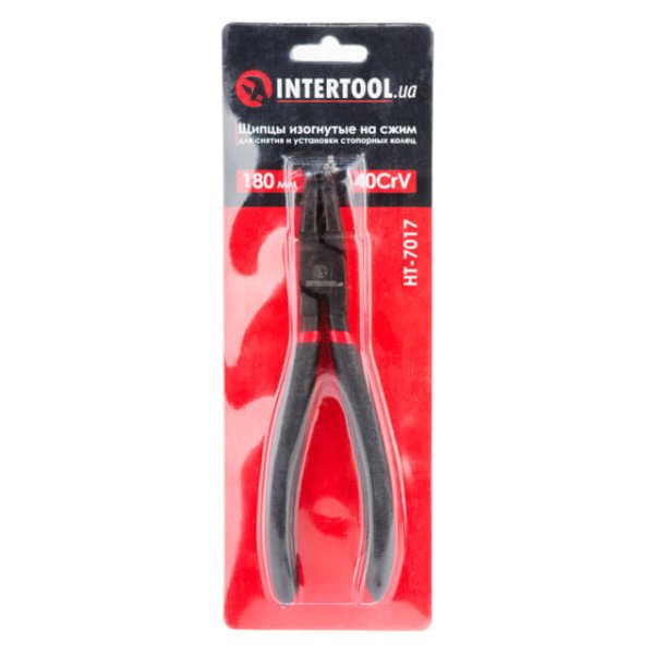 Щипці для зняття і установки стопорних кілець 180мм, вигнуті на стиск, 40CrV, фосфатовані, поліровані. INTERTOOL HT-7017