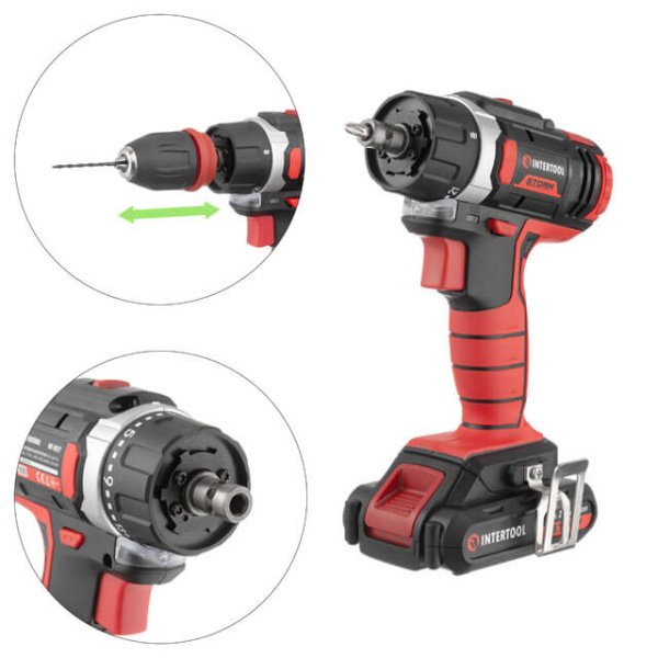 Дриль-шурупокрут акумуляторний Li-Ion 18 В, 25 Nm, 0-400/0-1500 об/хв, 2x2.0 Аг, знімний патрон INTERTOOL WT-0317