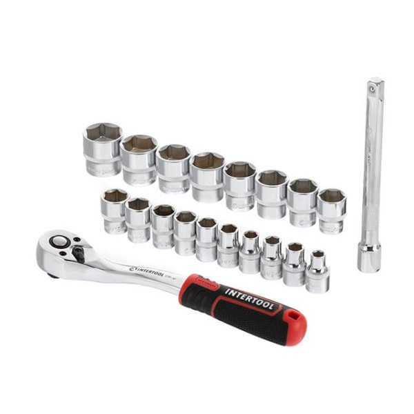 Набір головок STORM, 3/8", Cr-V, 20 од., головки: 6-24 мм, тріскачка 72 зуби, подовжувач 150 мм INTERTOOL ET-8015