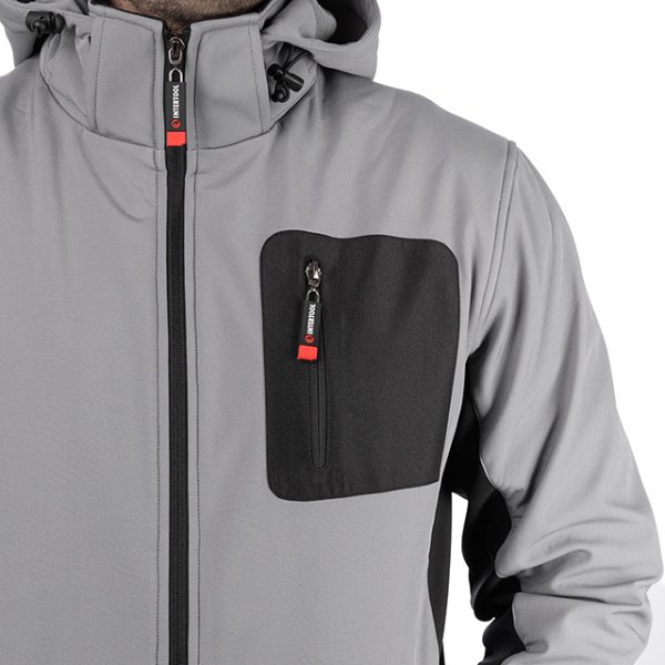 Куртка SOFTSHELL світло сіро-чорна, з капюшоном, тришарова, тканина - стрейч 300 GSM 100D, з водо- і вітрозахистом, розмір XL INTERTOOL SP-3124