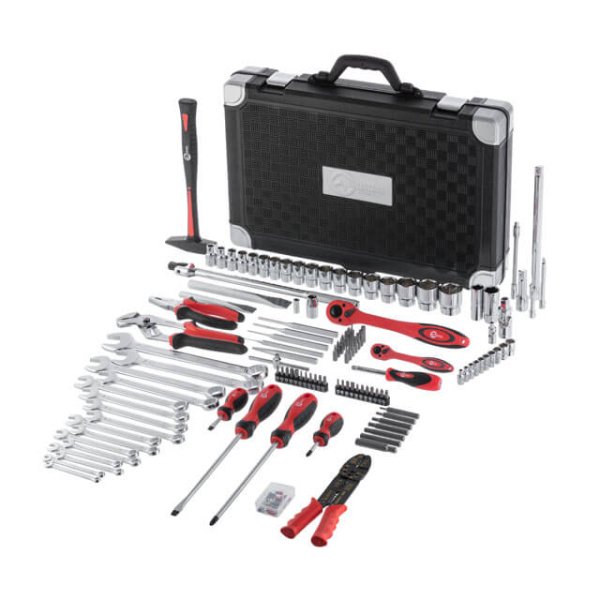 Набір інструментів, проф., 1/2" + 1/4", Cr-V, 145 од., головки: 4-32 мм, біти 43 од., ключі: 6-27 мм, кейс INTERTOOL ET-7145