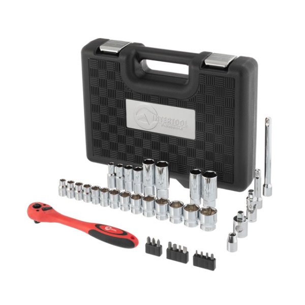 Набір інструментів, проф., 3/8", Cr-V, 39 од., головки: 8-22 мм, біти 11 од., кейс INTERTOOL ET-6039