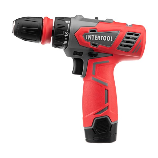 Дриль-шурупокрут акумуляторний, 12 В, Li-Ion, 1,5 Аг, 30 Нм, 0-350/0-1300 об/хв, 0,8-10 мм, знімний патрон INTERTOOL DT-0314