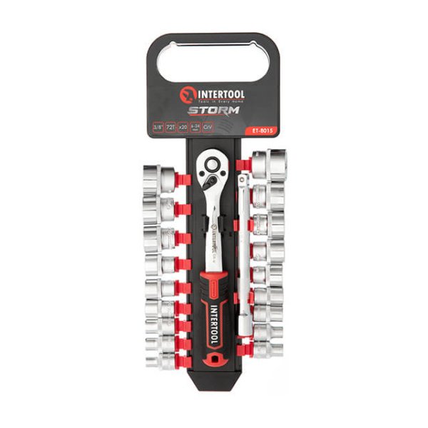 Набір головок STORM, 3/8", Cr-V, 20 од., головки: 6-24 мм, тріскачка 72 зуби, подовжувач 150 мм INTERTOOL ET-8015