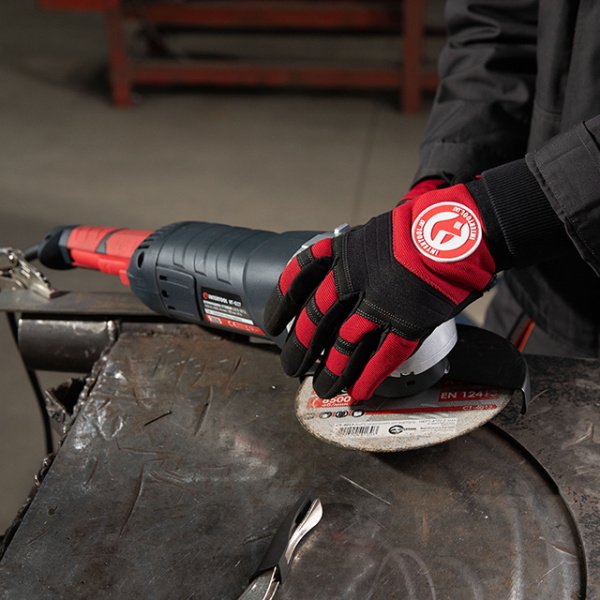 Рукавиці з мікрофібри з тканини, червона з чорними вставками спандексу. На долоні посилене неопренове покриття, вкрита нітрилом на липучці 10" INTERTOOL SP-0143