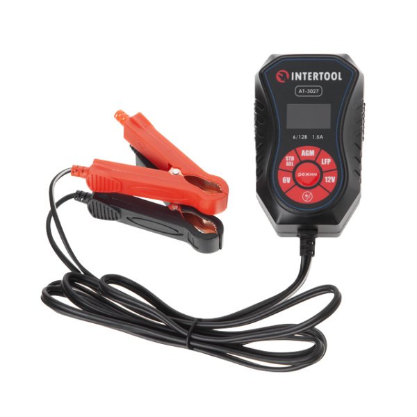 Зарядний пристрій 6/12 В, 1,5 А, 1,2-40 Аг, зимовий режим зарядки, дисплей, з мікропроцесором INTERTOOL AT-3027