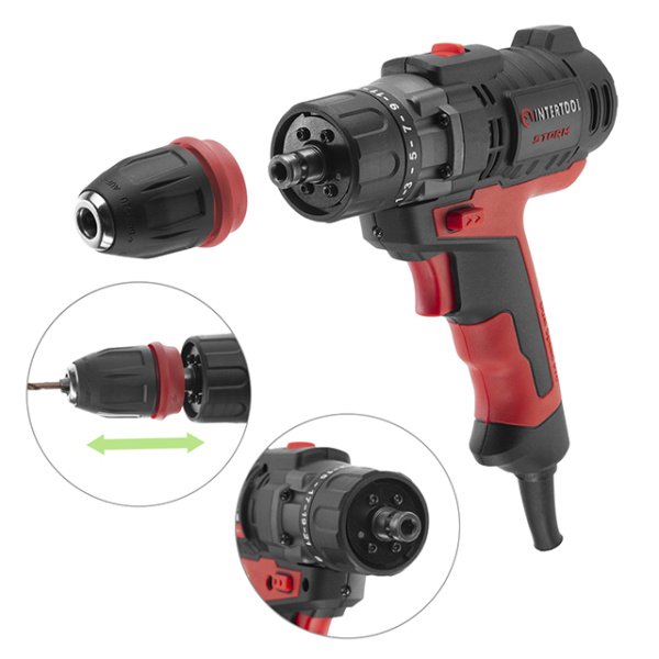 Дриль-шурупокрут електричний, 0,42 кВт, 0-500/0-1800 об/хв, 0,8-10 мм, макс. 20 Nm, знімний патрон INTERTOOL WT-0110