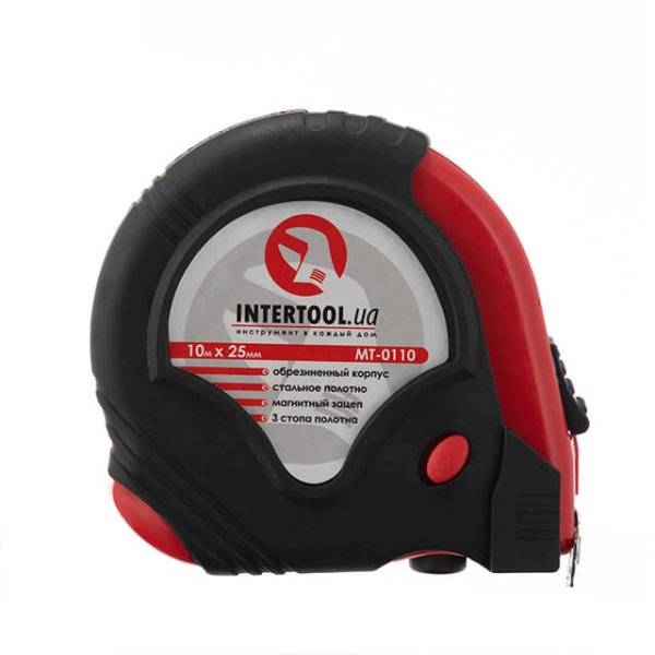 Рулетка з металевим полотном 10м x 25мм, три стопора полотна INTERTOOL MT-0110