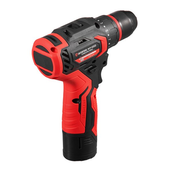 Дриль-шурупокрут акумуляторний, безщітковий двигун, 12 В, 50 Nm, 0-500/0-1900 об/хв, патрон 0,8-10 мм, 2x2,0 Аг INTERTOOL WT-0322